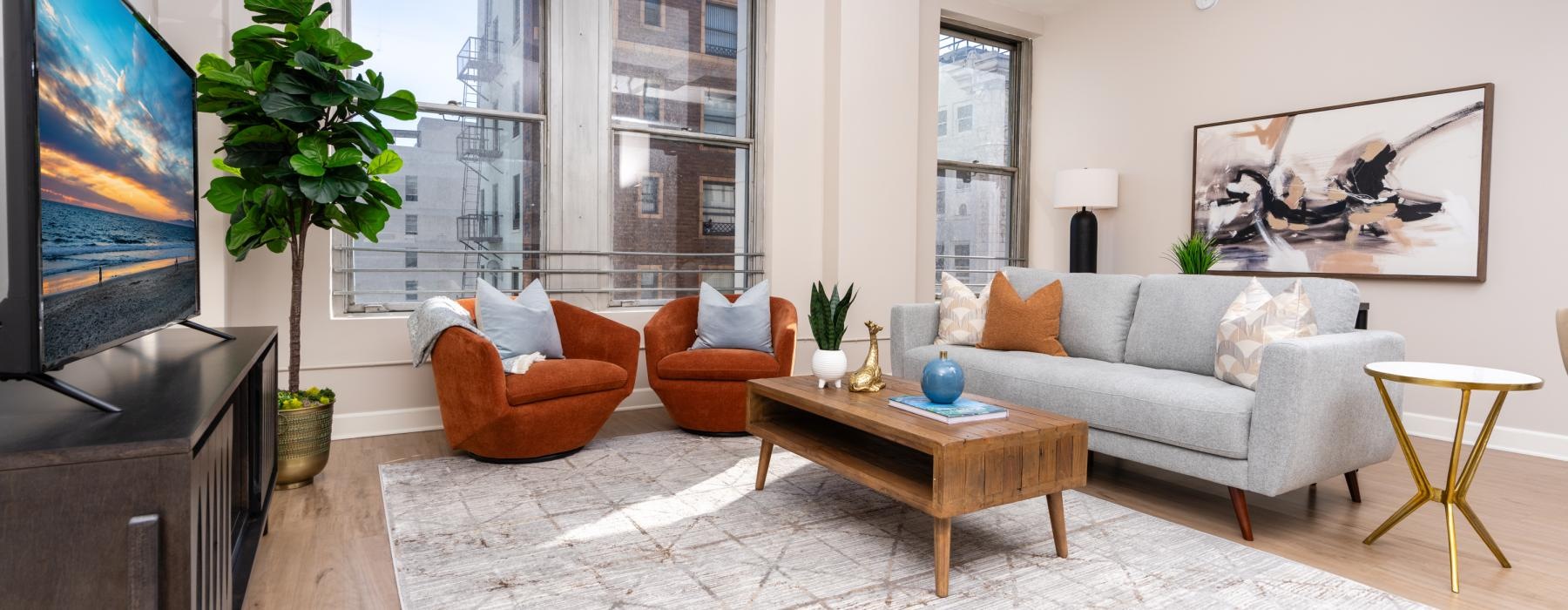 a living room with a large window