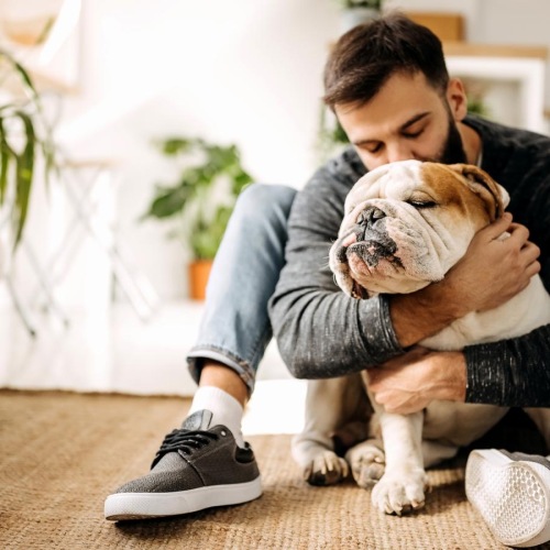 a person holding a dog