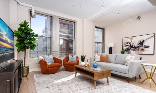 a living room with a large window